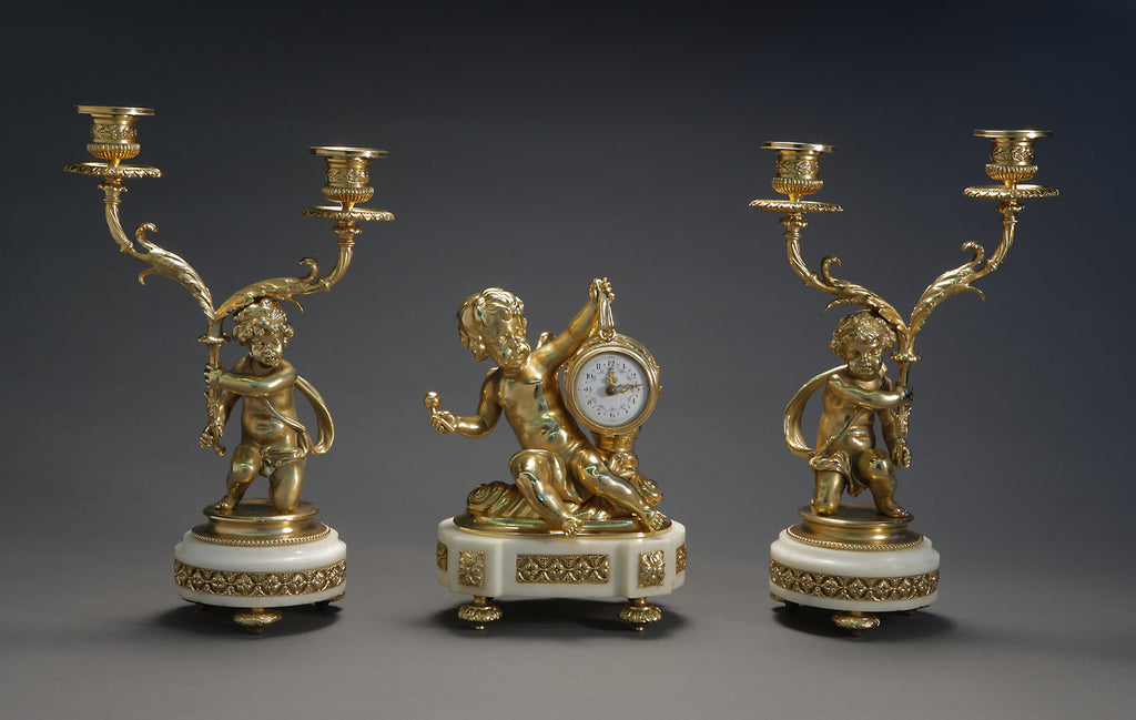 French Louis XVI Style Ormolu mounted marble Clock Garniture