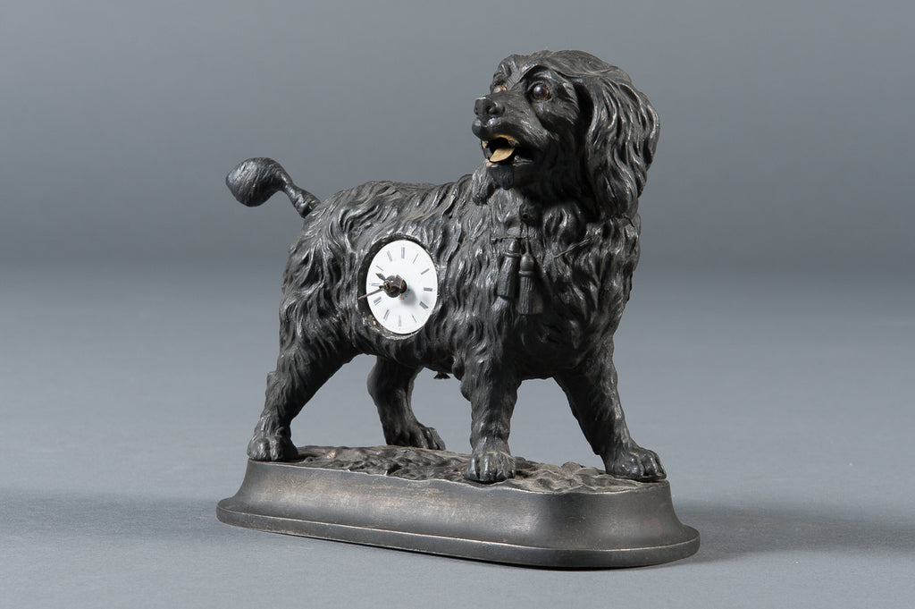 A Rare 19th Century German Cast Iron Animated Dog Novelty Timepiece