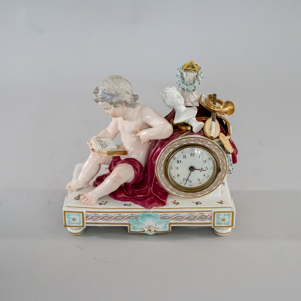 Antique Meissen porcelain mantle clock - Putti reading a book
