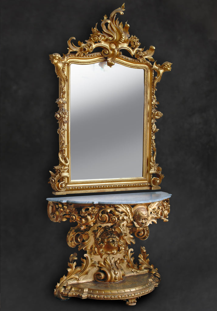 A LARGE ITALIAN ROCOCO STYLE CARVED GILT-WOOD & MARBLE MIRROR AND CONSOLE