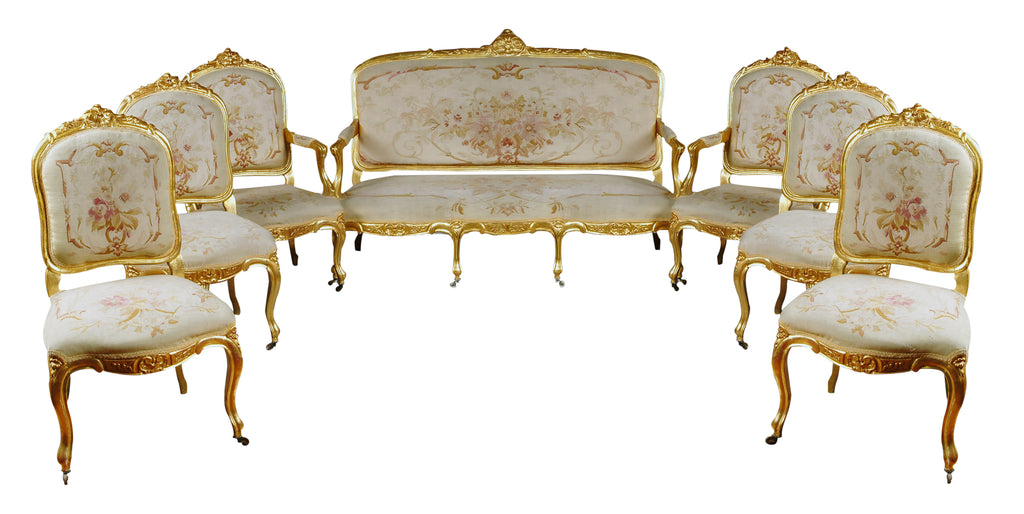 A LUXURIOUS FRENCH 7-PIECE AUBUSSON TAPESTRY PARLOR SET