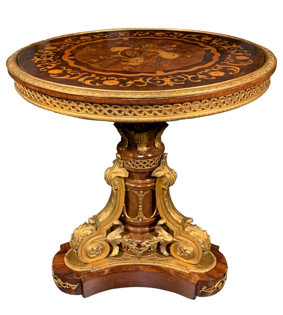 Antique French Gilt Bronze Mounted Marquetry Inlaid Round Center Table