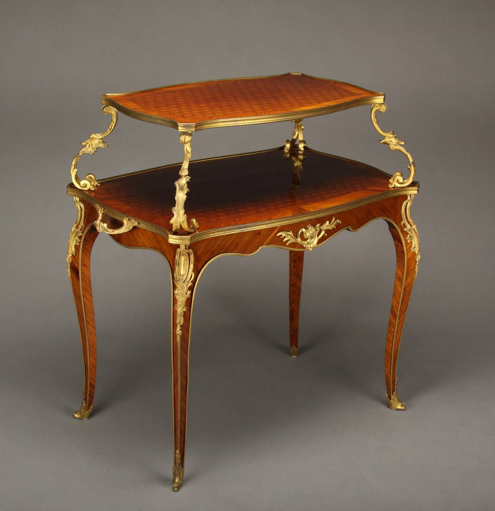FRENCH LOUIS XV STYLE ORMOLU MOUNTED & PARQUETRY DESIGN TWO-TIER TEA TABLE
