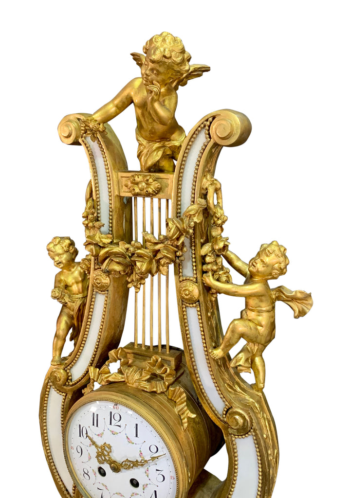 French Gilt Bronze and Marble Lyre Clock Garniture