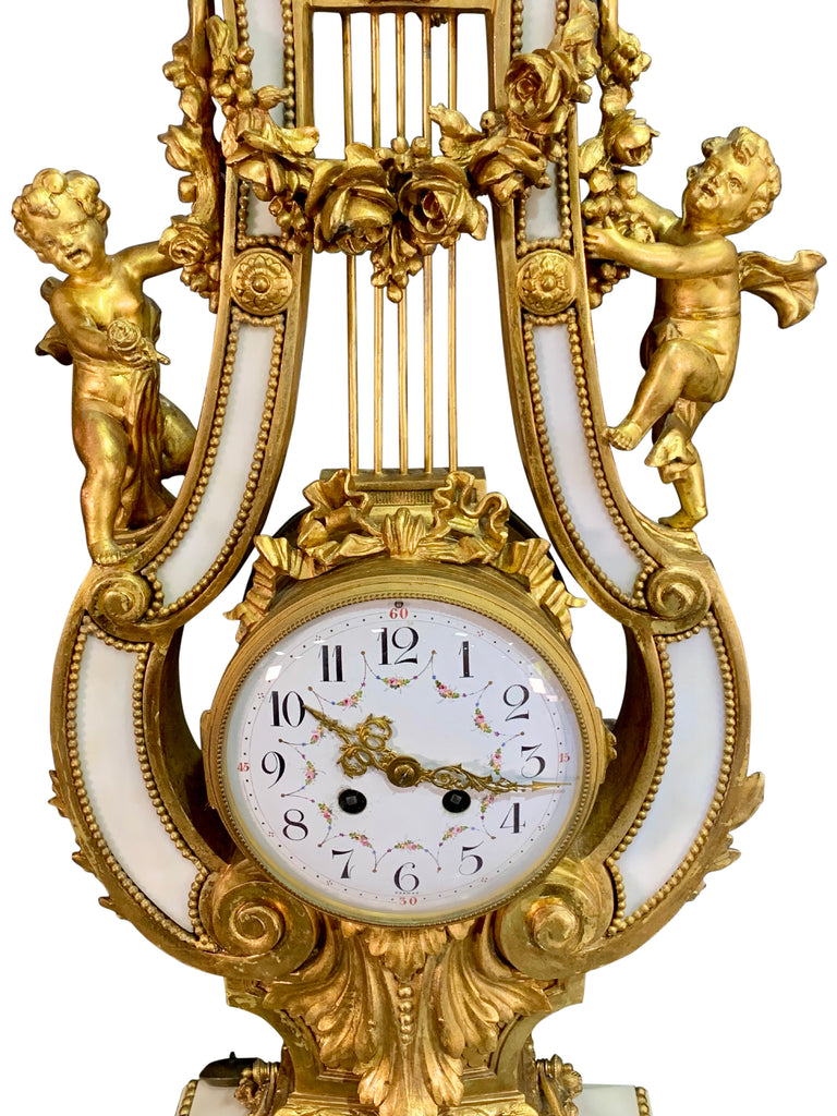 French Gilt Bronze and Marble Lyre Clock Garniture