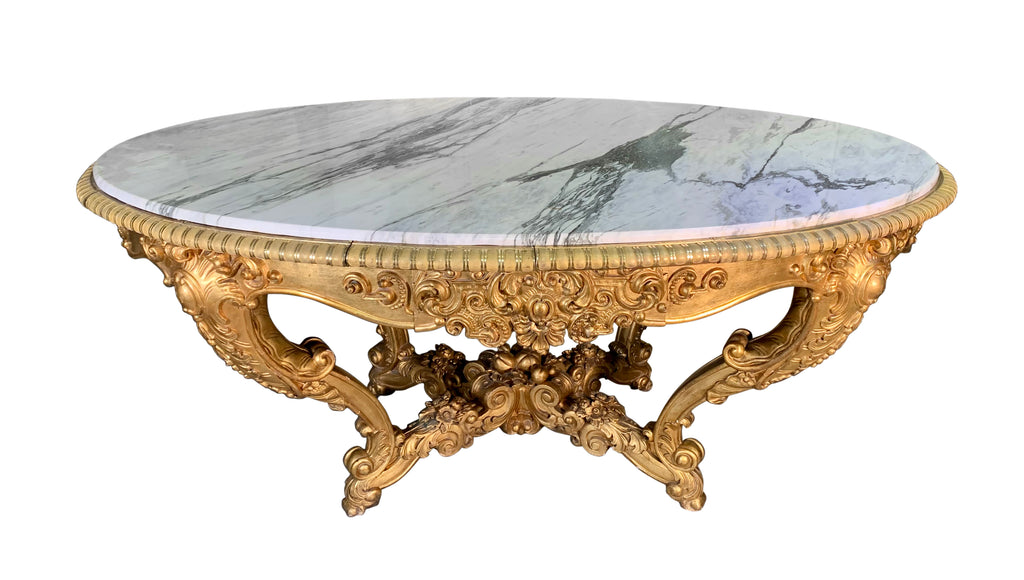 LARGE FRENCH ANTIQUE CARVED GILT-WOOD AND WHITE MARBLE TOP CENTER TABLE