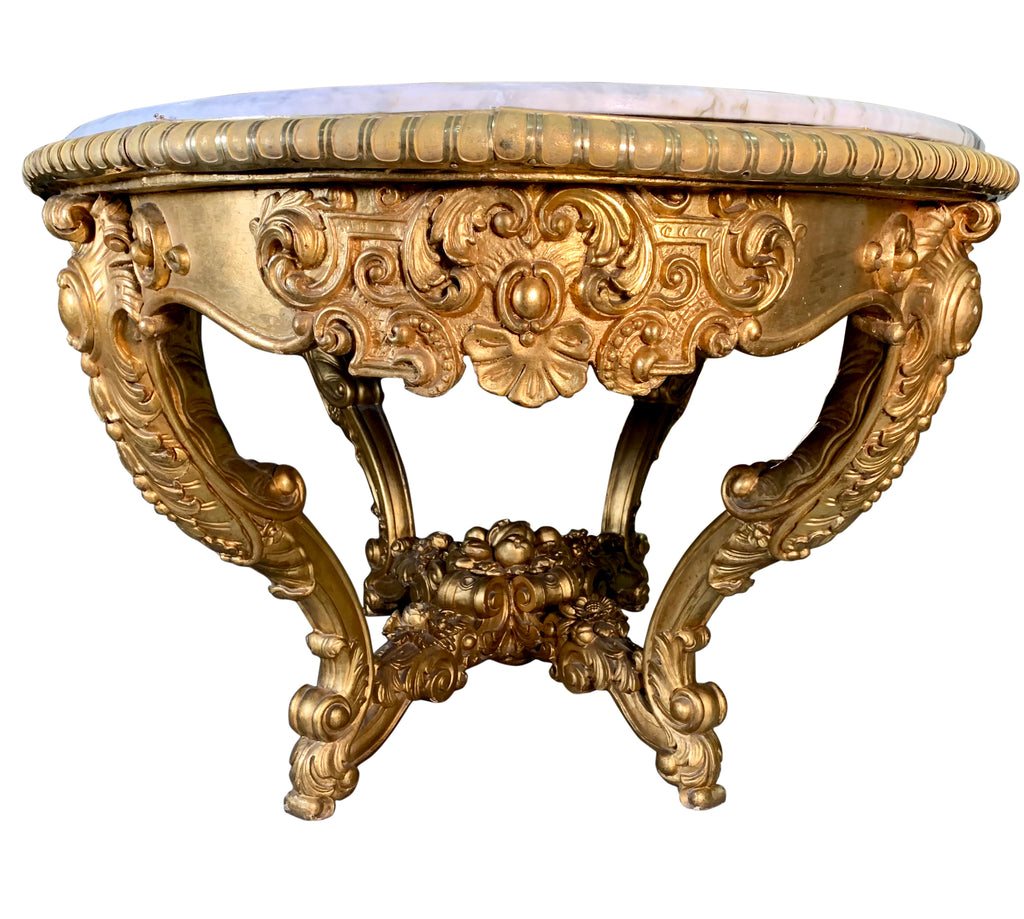 LARGE FRENCH ANTIQUE CARVED GILT-WOOD AND WHITE MARBLE TOP CENTER TABLE