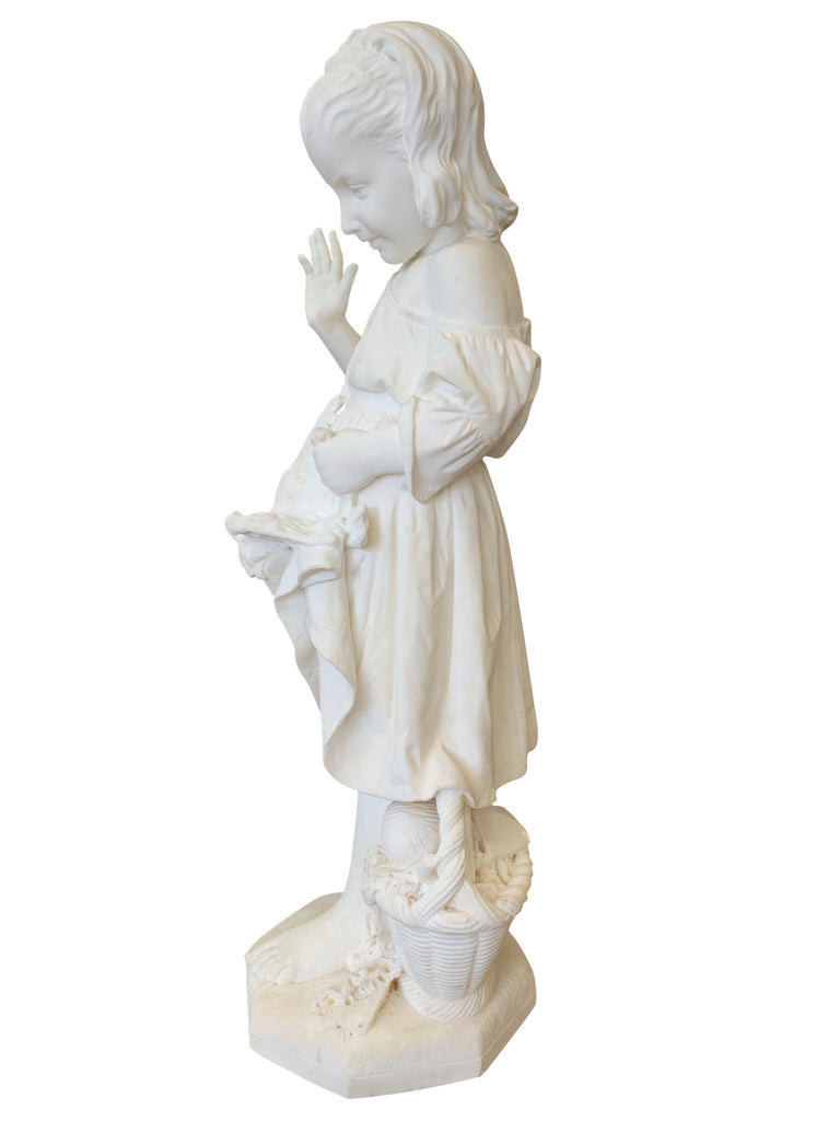 ITALIAN CARRARA MARBLE FIGURE OF A YOUNG GIRL WITH A DOVE BY EMANUELE CARONI