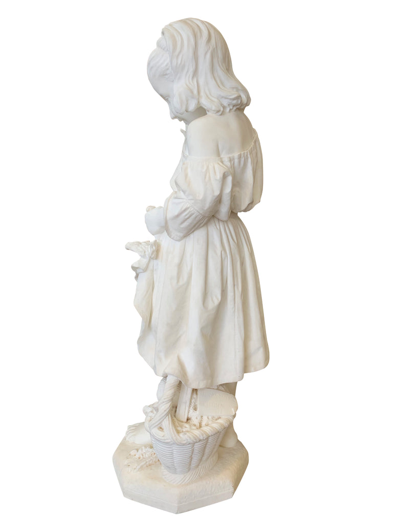 ITALIAN CARRARA MARBLE FIGURE OF A YOUNG GIRL WITH A DOVE BY EMANUELE CARONI