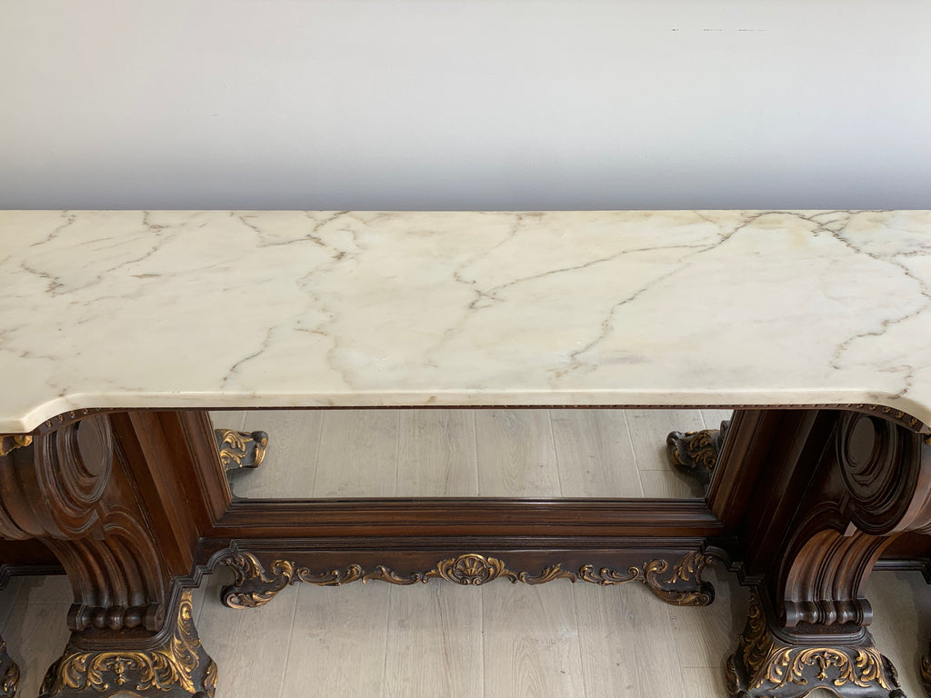 A LARGE VENETIAN STYLE ITALIAN CARVED WOOD & MARBLE CONSOLE TABLE