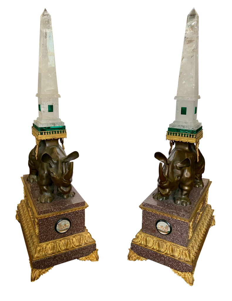 A Pair of Rhinoceros Figures with Rock Crystal Obelisks