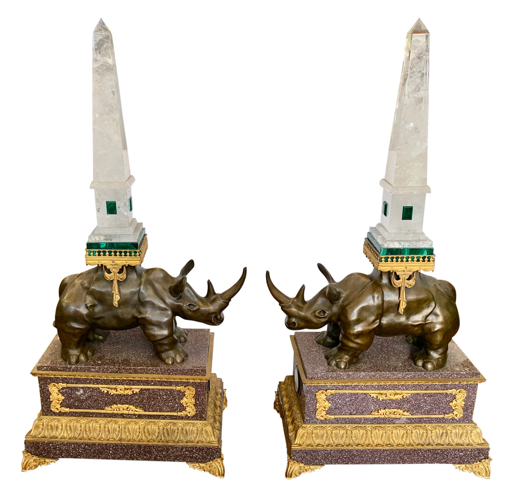 A Pair of Rhinoceros Figures with Rock Crystal Obelisks