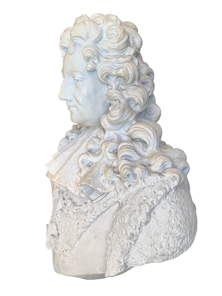 A FRENCH ANTIQUE CARVED WHITE MARBLE BUST OF LOUIS XIV 'THE SUN KING' CIRCA 1890