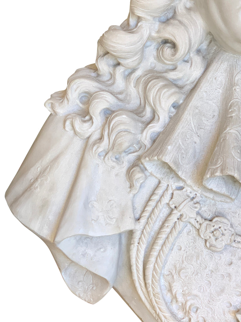 A FRENCH ANTIQUE CARVED WHITE MARBLE BUST OF LOUIS XIV 'THE SUN KING' CIRCA 1890