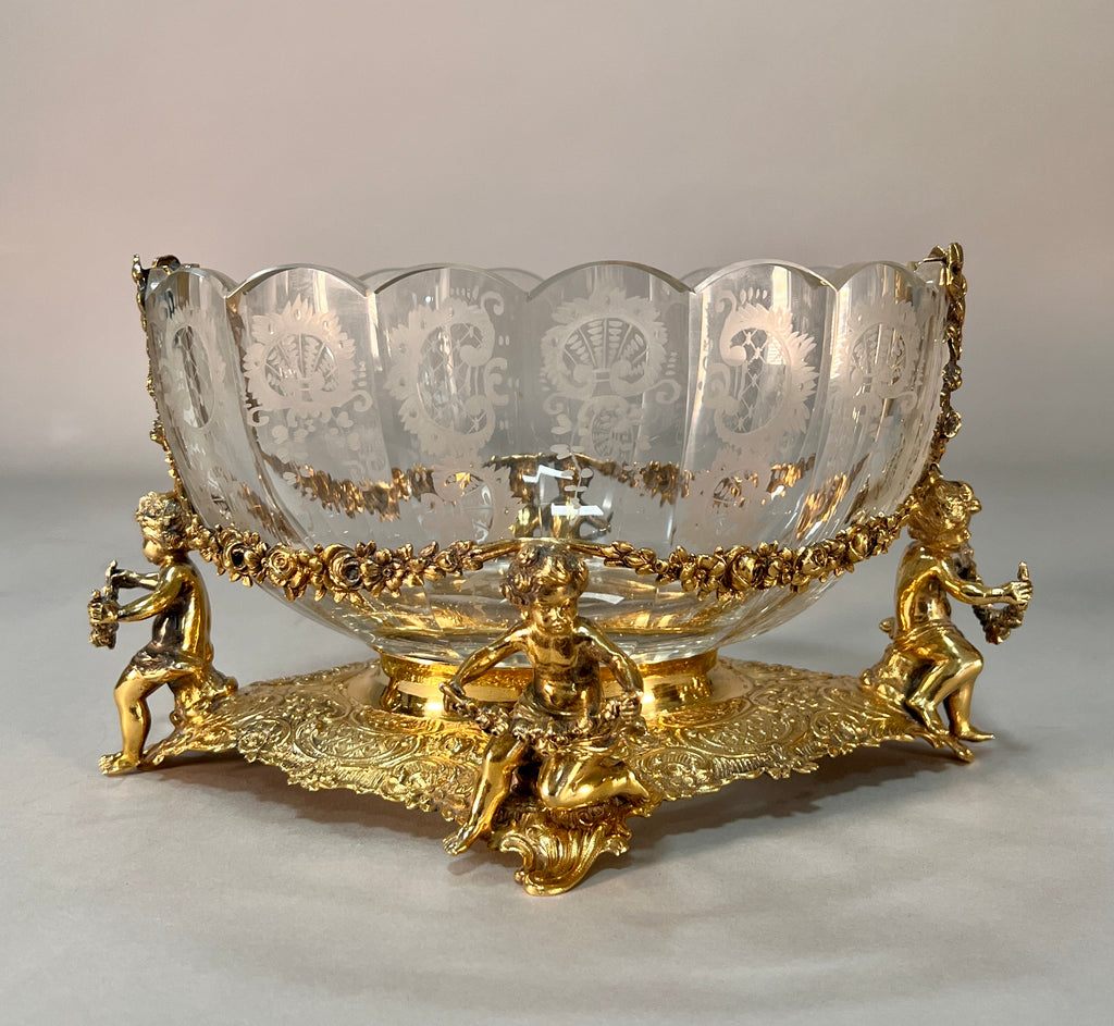 GERMAN 3-PIECE GILT-SILVER AND ETCHED GLASS BOWLS, 19TH CENTURY