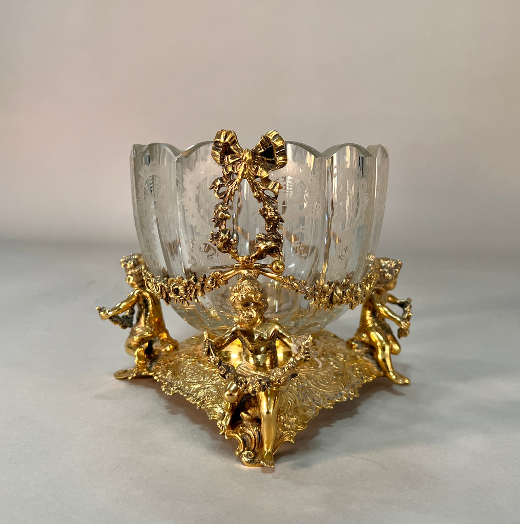 GERMAN 3-PIECE GILT-SILVER AND ETCHED GLASS BOWLS, 19TH CENTURY