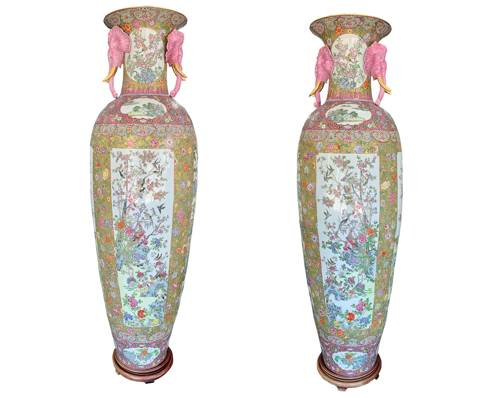 Large pair of Chinese Rose Canton porcelain palace vases with elephant handles