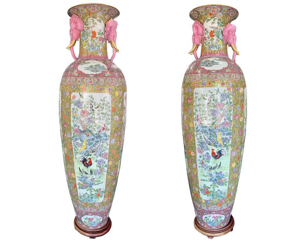 Large pair of Chinese Rose Canton porcelain palace vases with elephant handles