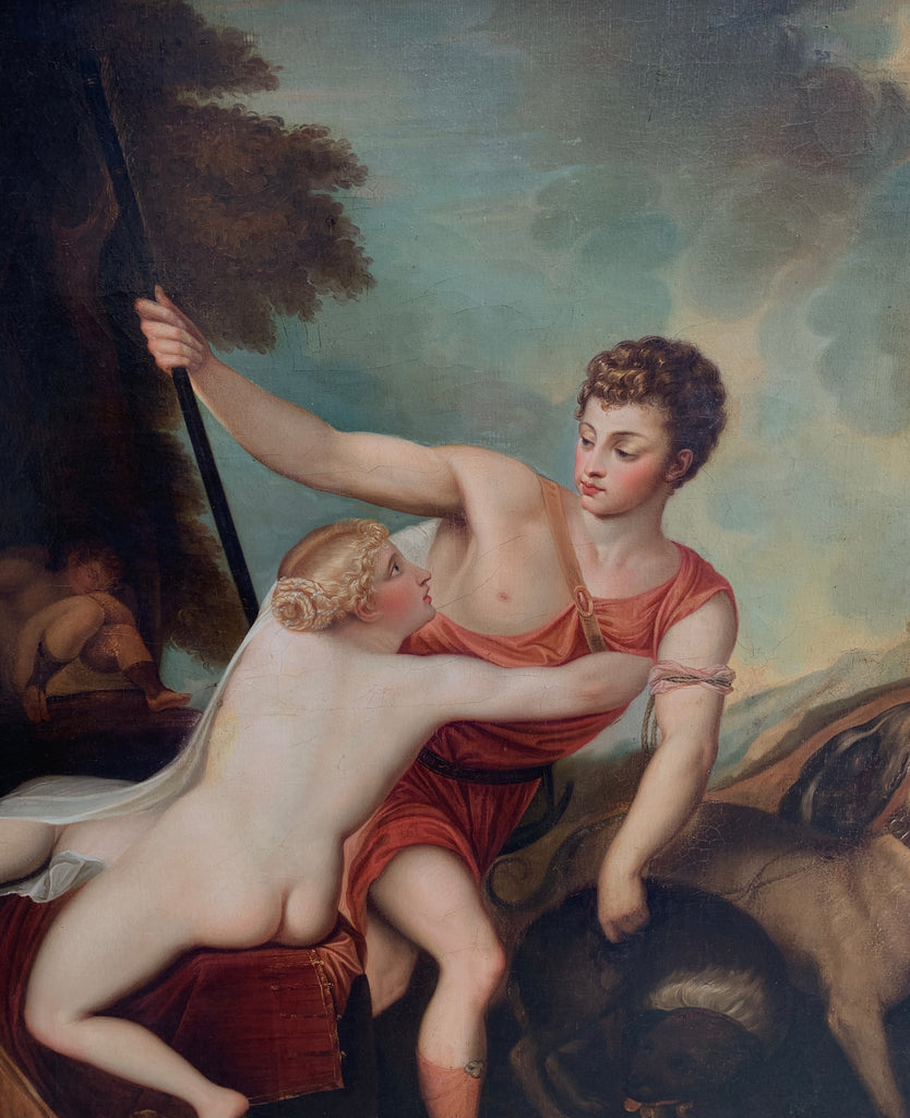 A Continental Mythological Antique Oil on Canvas of Venus and Adonis