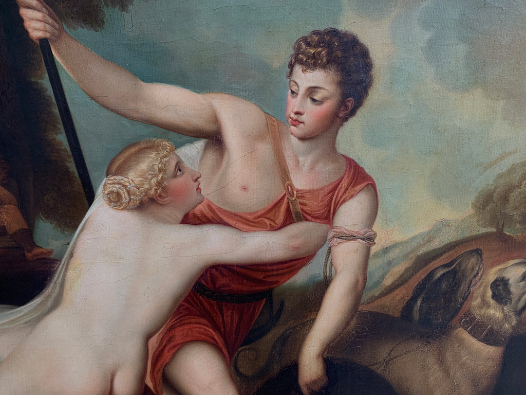 A Continental Mythological Antique Oil on Canvas of Venus and Adonis