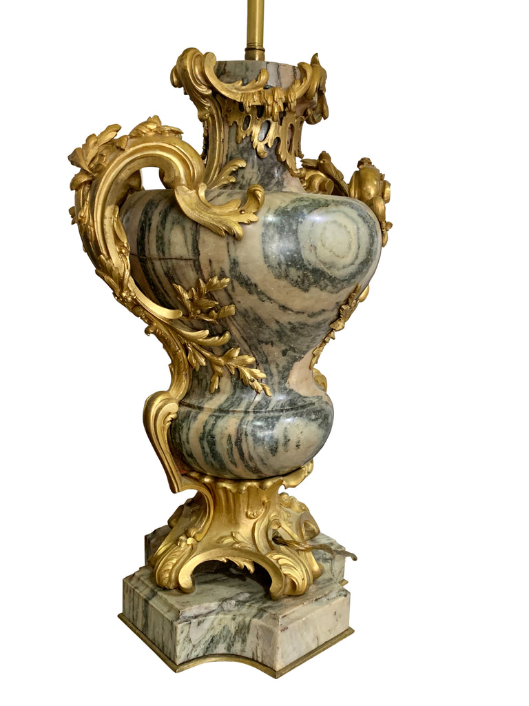 A PAIR OF FRENCH ORMOLU MOUNTED CIPOLLINO MARBLE LAMPS BY MAISON MILLET