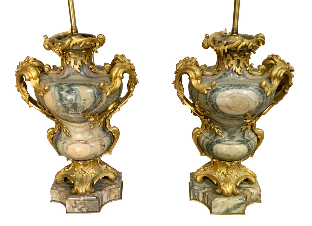 A PAIR OF FRENCH ORMOLU MOUNTED CIPOLLINO MARBLE LAMPS BY MAISON MILLET