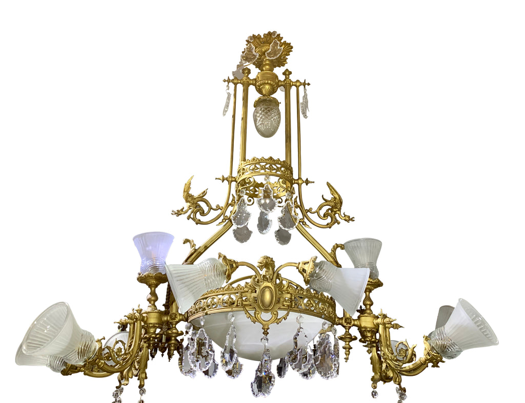 Antique gilt bronze and crystal chandelier with dragons