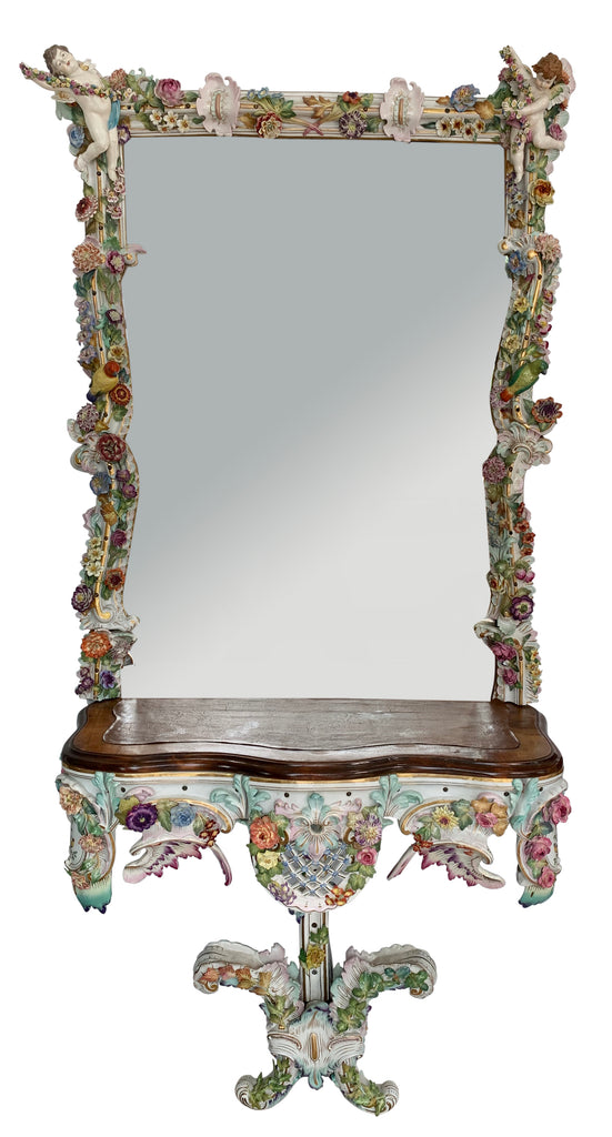 German porcelain figural console and mirror