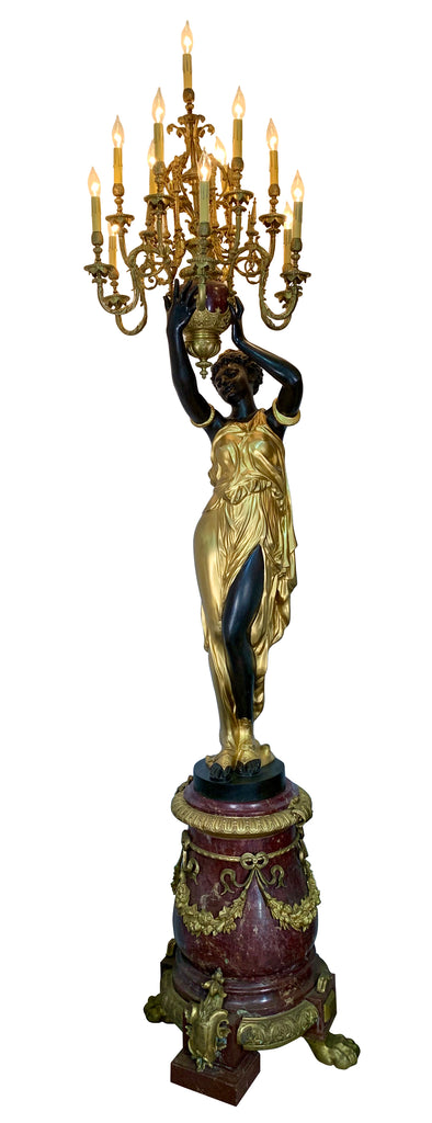 Pair of Monumental French Gilt and Patinated Bronze and Rouge Marble Figural Torcheres