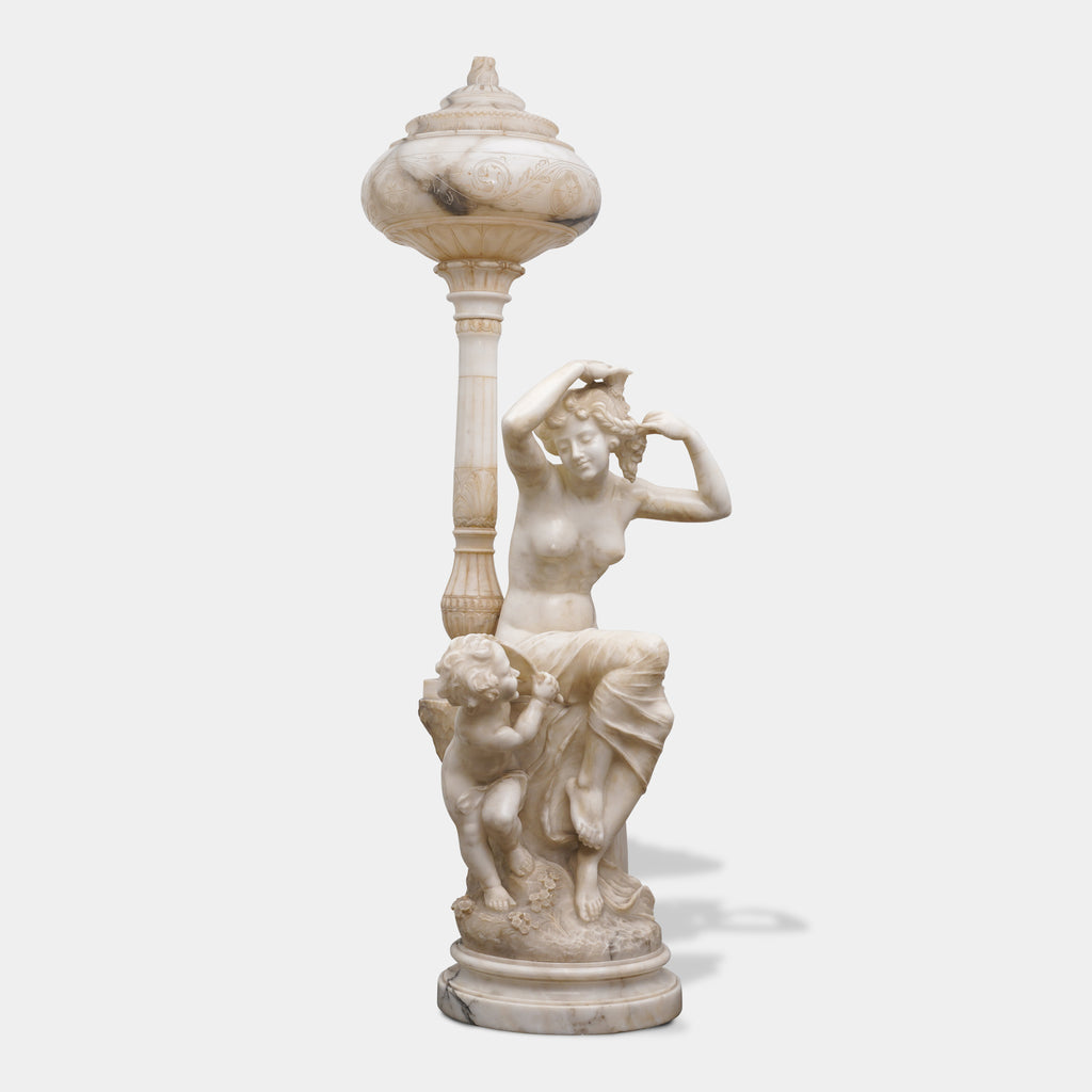 Pair of large antique Italian carved alabaster figural lamps depicting Venus & Cupid