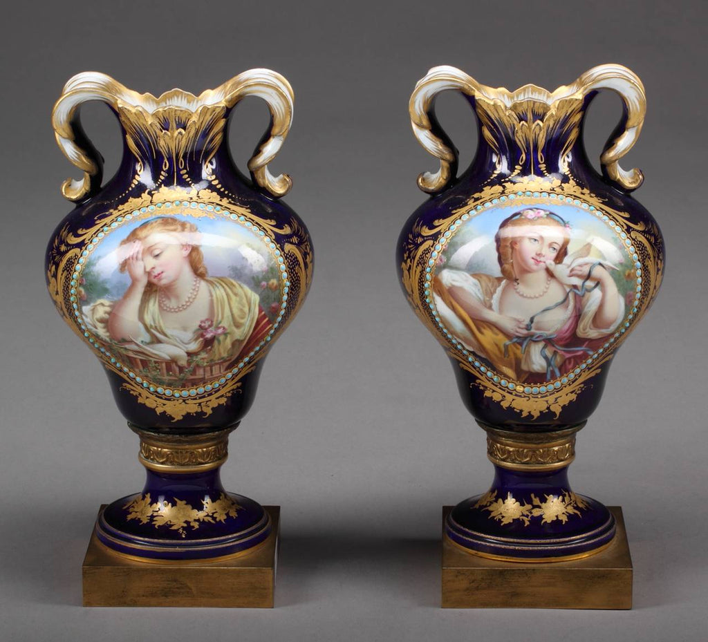 A PAIR OF SEVRES STYLE JEWELED PORTRAIT VASES