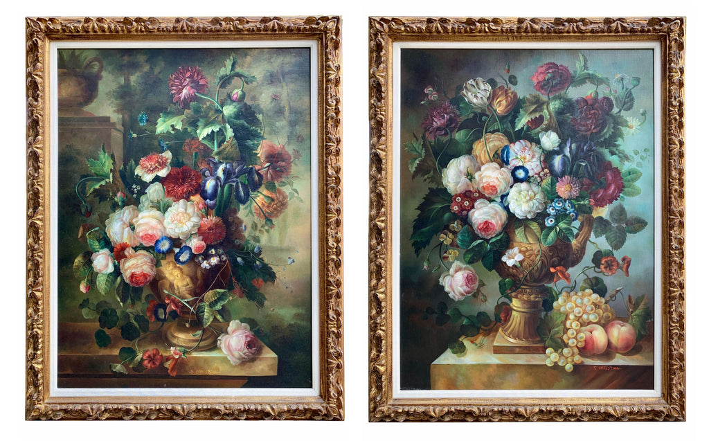 A PAIR OF ANTIQUE STILL LIFE OIL ON CAVAS PAINTINGS BY S. CHRISTINA