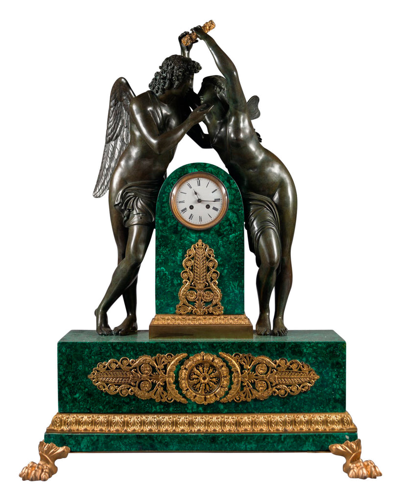 Monumental Bronze Mounted Malachite Figural Clock - "Psyche Crowning Cupid"