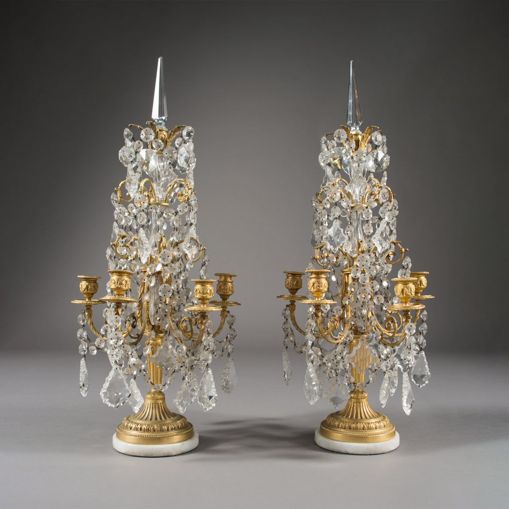 Pair of French ormolu and crystal 5-light girandoles