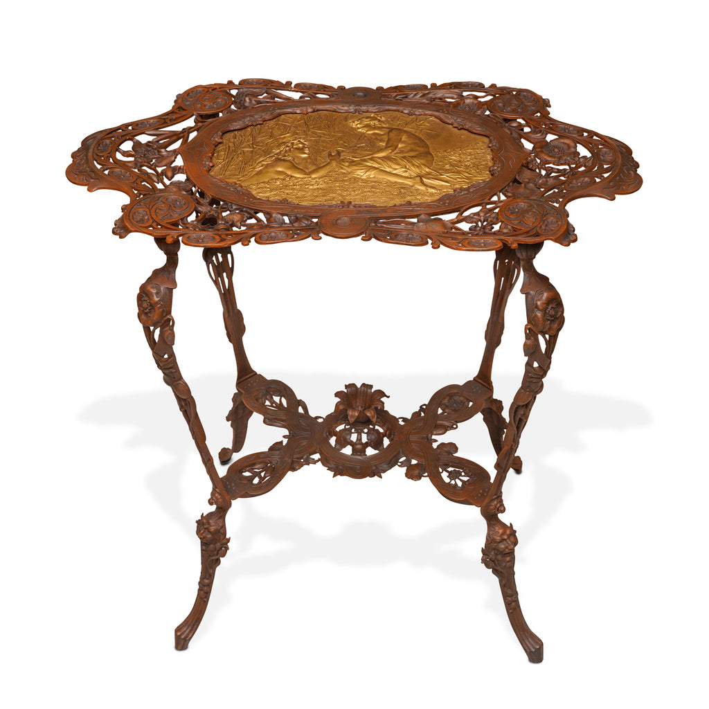 Art Nouveau patinated and gilt cast iron side table