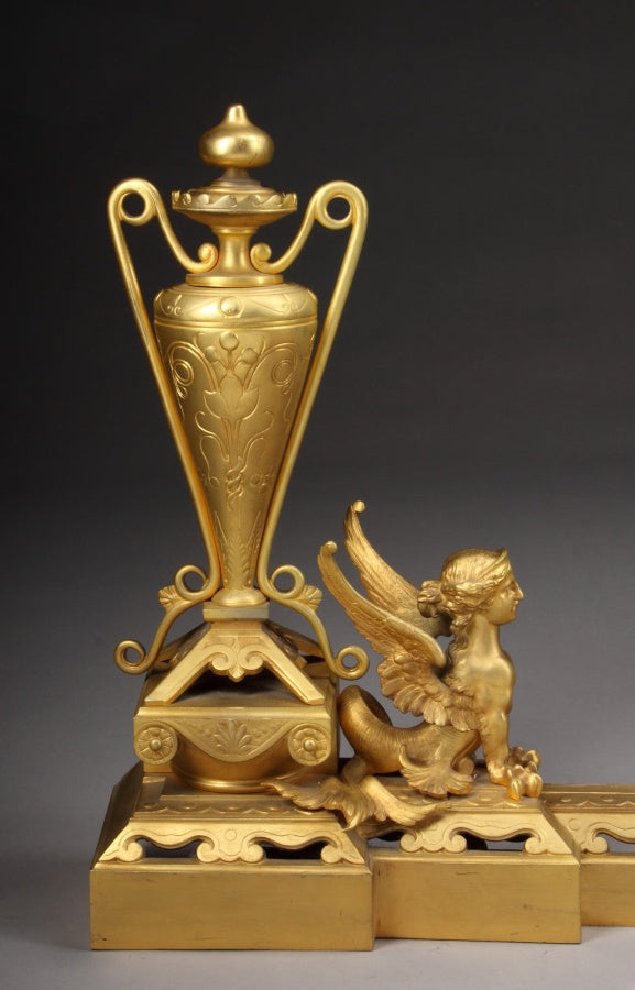 A French Gilt Bronze Ormolu Figural Extended Fire Fender/Chenets