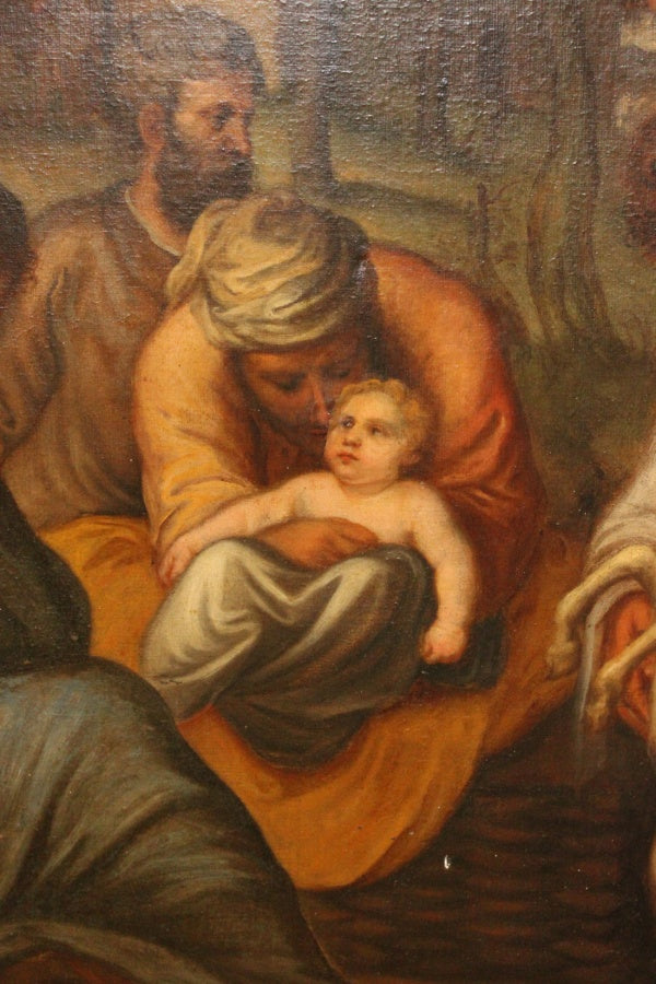 A LARGE ANTIQUE OIL ON CANVAS DEPICTING BABY JESUS