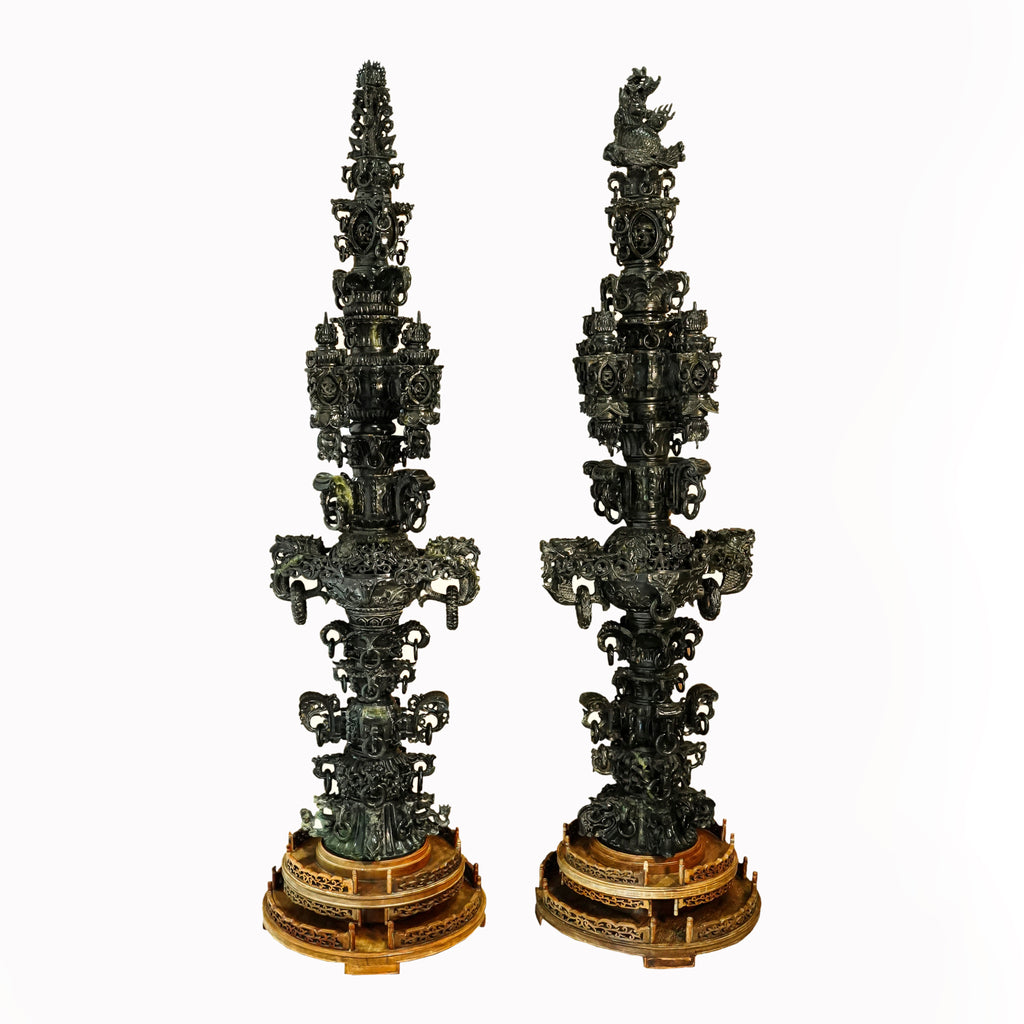 Pair of large Chinese carved stone towers
