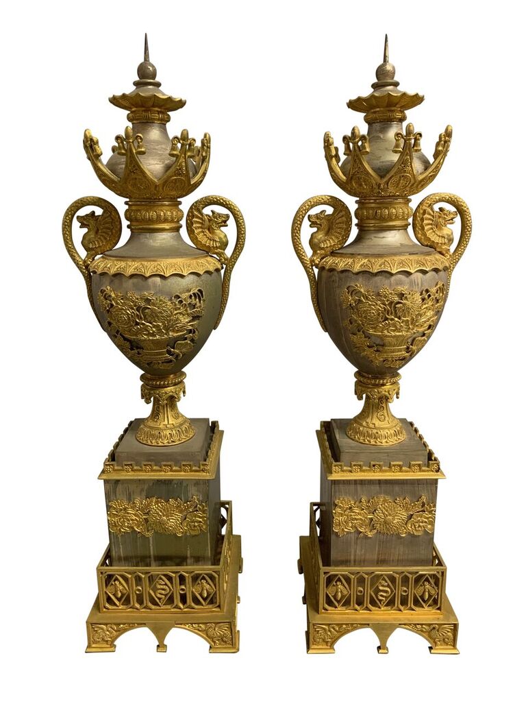 A Very Fine French Silvered and Gilt Bronze 3-Piece Chinoiserie Clock Garniture