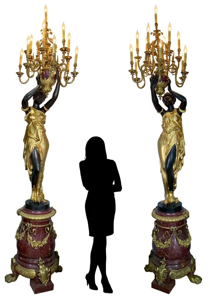 Pair of Monumental French Gilt and Patinated Bronze and Rouge Marble Figural Torcheres