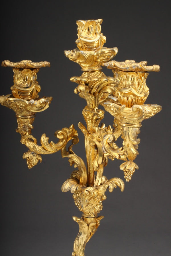 PAIR OF FRENCH GILT BRONZE LOUIS XV STYLE 4-BRANCH CANDELABRAS, 19TH CENTURY