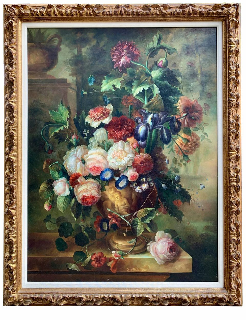 A pair of Still life oil paintings of flowers in urns