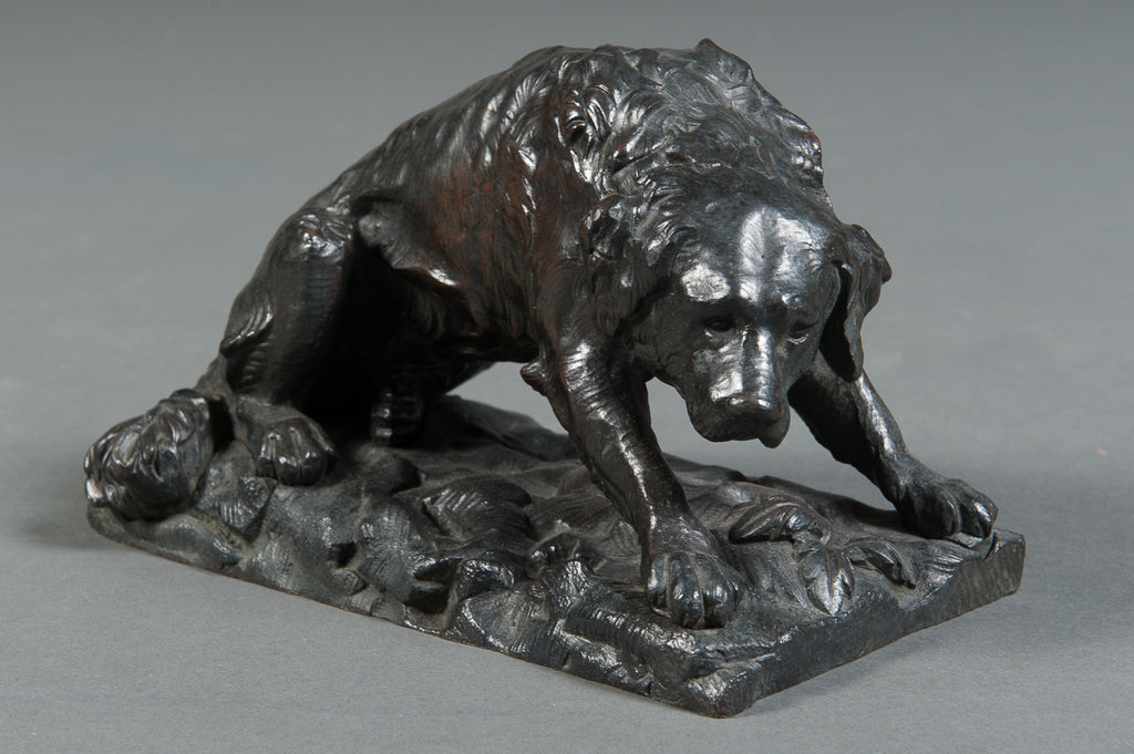 A Pair of French Patinated Bronze Wild Dogs by A. Barye Barbedienne Foundry