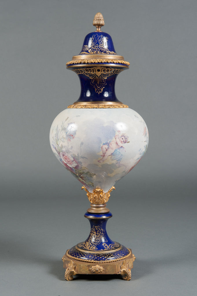 An Unique French Sevres Style Hand Painted Porcelain Lidded Vase