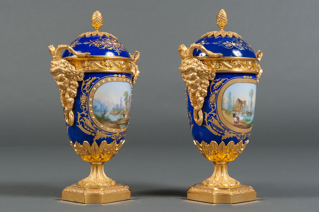 A Pair of Fine 19th Century French Gilt Bronze Mounted & Cobalt Blue Sevres Style Lidded Vases