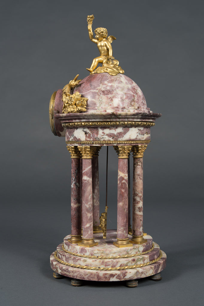 A FRENCH BRECHE VIOLETTE MARBLE & ORMOLU BRONZE CLOCK GARNITURE RETAILED BY TIFFANY & CO