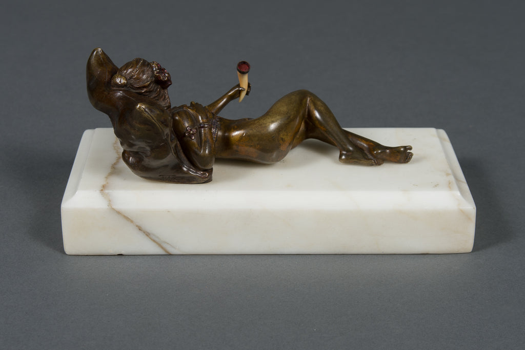 An Austrian Bronze Cold Painted Figure of a Nude on a White Marble