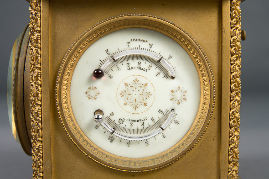 French Gilt Bronze Four-Face Clock with Date Thermometer and Barometer