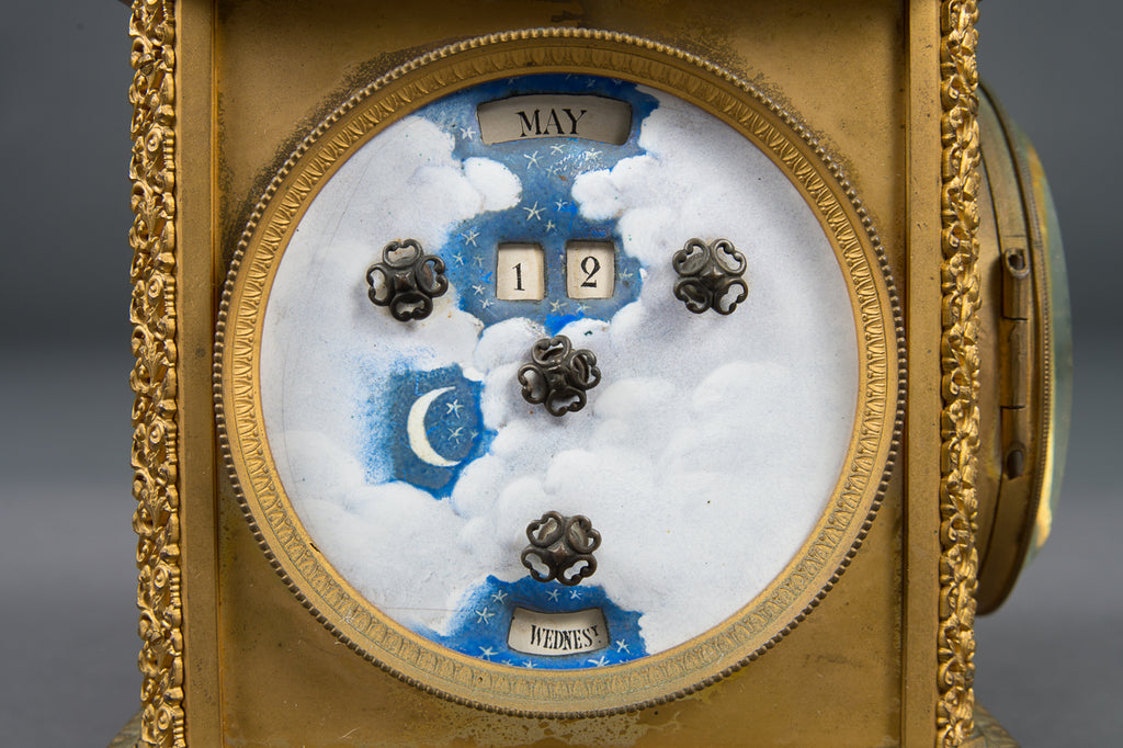 French Gilt Bronze Four-Face Clock with Date Thermometer and Barometer