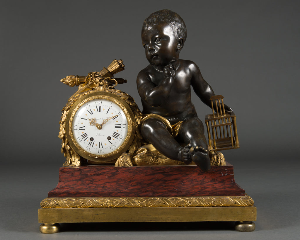 A LARGE FRENCH GILT BRONZE & ROUGE MARBLE MANTEL CLOCK BY ALFRED BEURDELEY